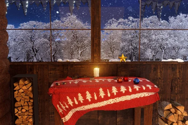 Im Inneren des Holzhauses mit Weihnachtsdekoration an schönen — Stockfoto