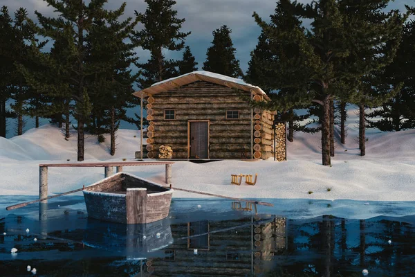 3d rendu de la cabane en bois rondin derrière lac gelé dans le winte — Photo