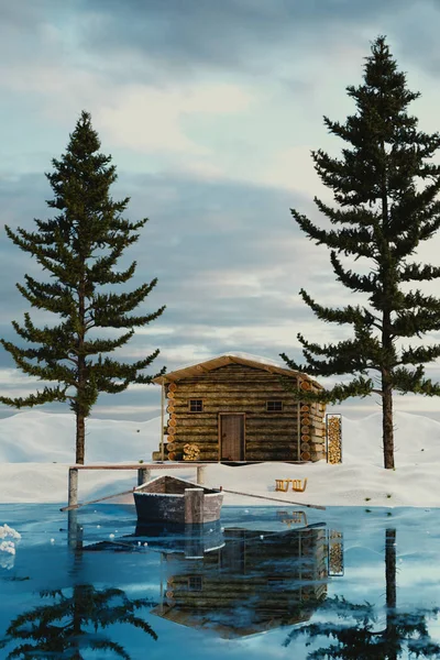3d renderização de madeira log cabine atrás congelado lago no winte — Fotografia de Stock