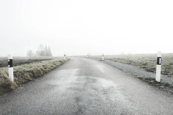 Δρόμο με Πλαστικοί οριοδείκτες στην πρωινή ομίχλη — Φωτογραφία Αρχείου