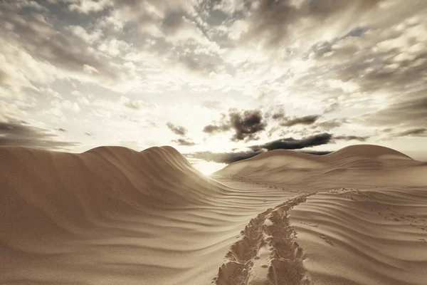 3d remessa de paisagem do deserto com passos na noite s — Fotografia de Stock