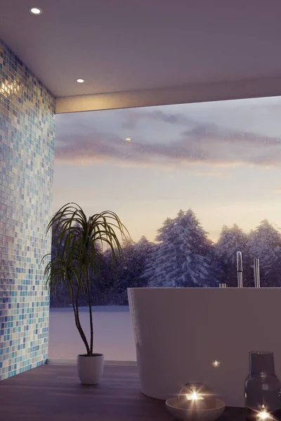 무료로 서 있는 욕조와 고급 욕실의 3d 렌더링 한 — 스톡 사진