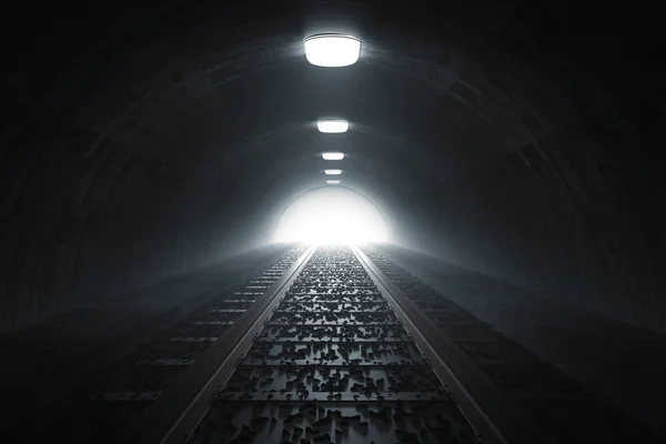 3d weergave van de donkere treintunnel met licht aan het einde — Stockfoto