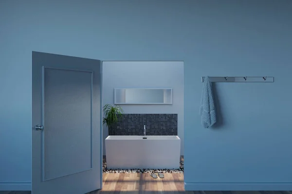 Rendering 3d del bagno bianco con vasca rettangolare a m sassolino — Foto Stock