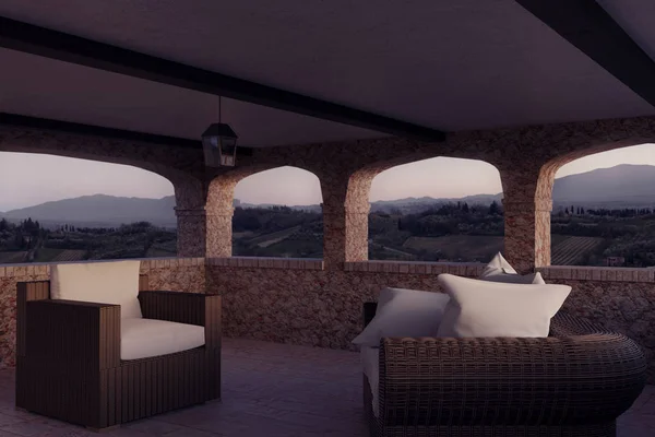 3D render Toskana tarzı veranda ve rattan bahçe mobilyaları — Stok fotoğraf