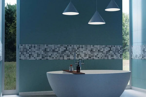Rendering 3d di cyan bagno moderno con vasca autoportante — Foto Stock