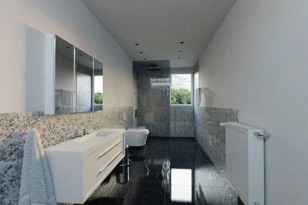 Rendering 3d del piatto doccia con piani in granito bianco e — Foto Stock