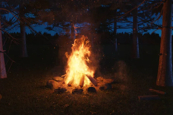밤에 숲에서 불꽃이 튀는 큰 모닥불을 3D 렌더링하는 모습 — 스톡 사진