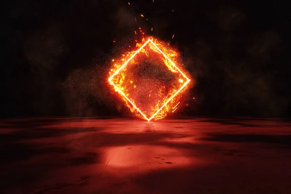 3d weergave van rood lichter geroteerde vierkante vorm in brand tegen — Stockfoto