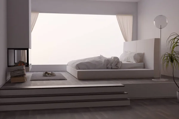 벽난로와 파노라마 사진 이 있는 하얀 침실 의 3D 렌더링 — 스톡 사진