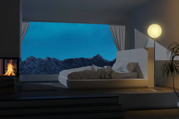 Rendering 3d di camera da letto bianca di notte con camino e panora — Foto Stock