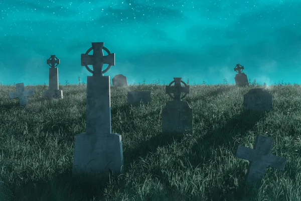 Rendu 3d de cimetière abandonné plein de vieilles pierres tombales à — Photo