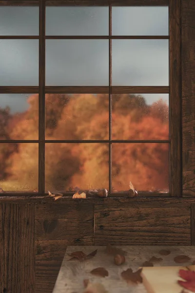 Rendering 3d di finestre nebbiose di una cabina di legno di fronte autu — Foto Stock