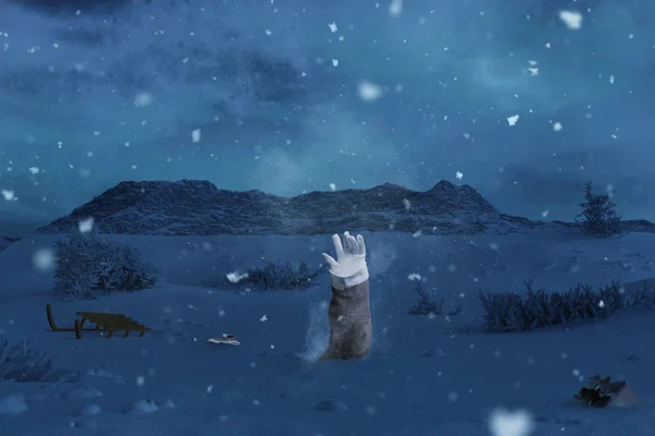 Weihnachtsmann streckt seine schneebedeckte Hand aus, um Hilfe zu signalisieren — Stockfoto