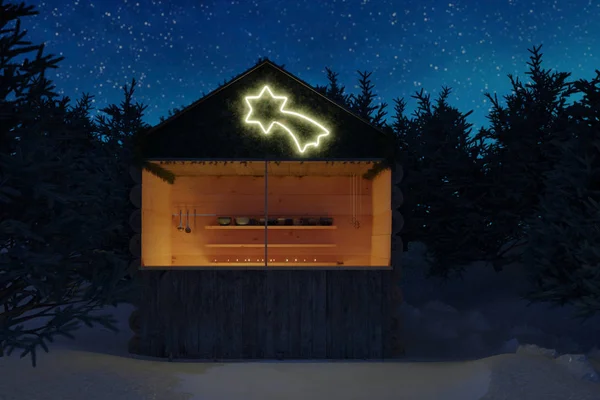 3D-Rendering des Weihnachtsmarktes Holzhütte am Wald in der nig — Stockfoto