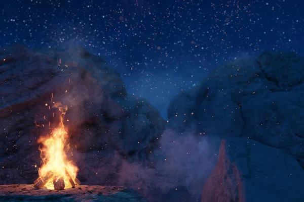 3d rendu de feu de joie lumineux dans un environnement rocheux au milieu — Photo