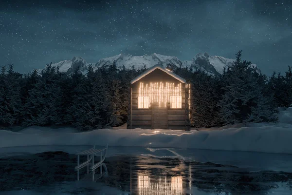 Işıklı ahşap günlük kabin donmuş gölün arkasında 3D render — Stok fotoğraf