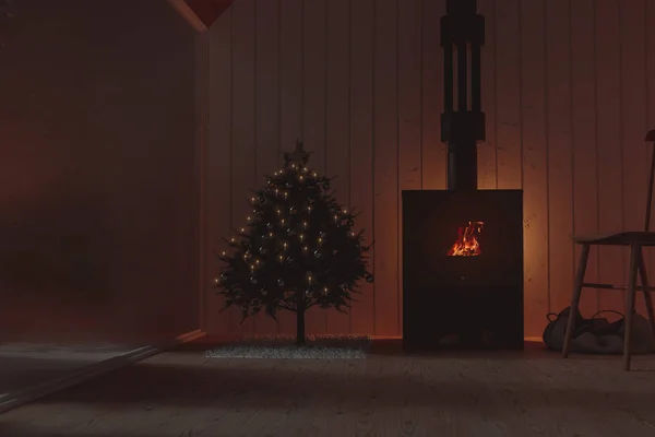 3d representación de chalet de madera con acogedora chimenea junto al árbol de Navidad y ventana congelada — Foto de Stock