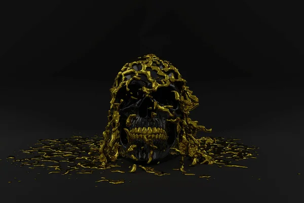 3d rendering of black colored skull with golden teeth and poured — Stock Photo, Image