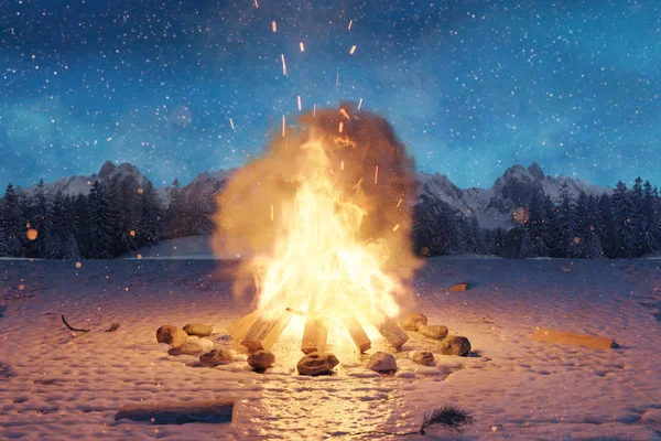 3D-Darstellung eines großen Lagerfeuers mit Funken und Partikeln auf schneebedecktem Boden — Stockfoto