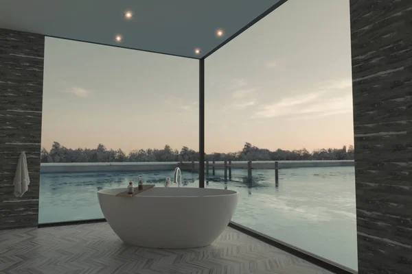 Rendering 3d di elegante bagno con vasca autoportante di fronte al lago ghiacciato — Foto Stock