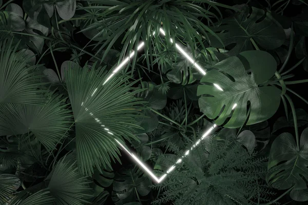 3d representación de la luz de neón cuadrada girada cubierta con tropical — Foto de Stock