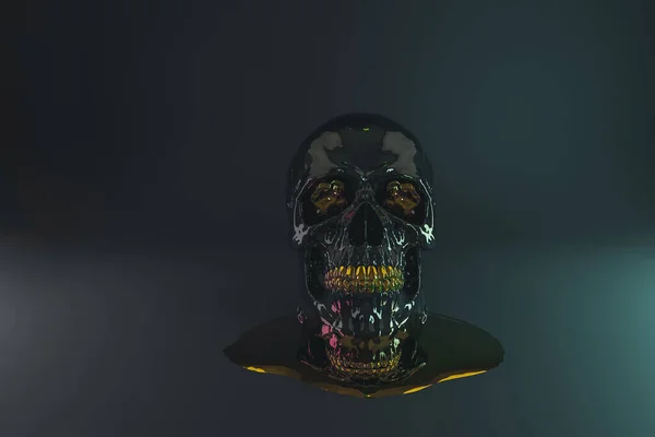 3d rendering of black glossy skull with golden teeth and gold st — 图库照片