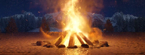 3d rendering of big bonfire with sparks and particles on snowy g — 스톡 사진