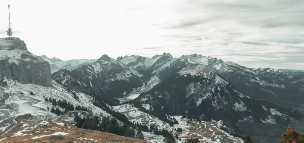 Hoher Kasten Alpstein Massif Saemtisersee Gölü Ile Kış Mevsiminde Panoramik — Stok fotoğraf