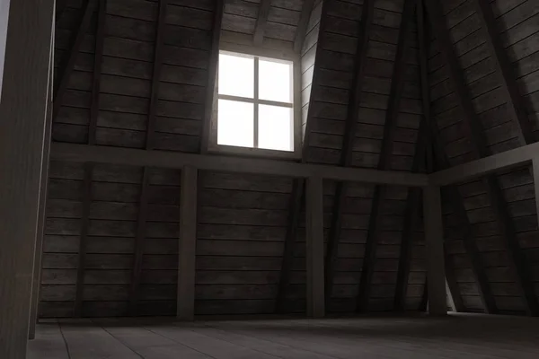 3d rendering of darken attic with bright light at window