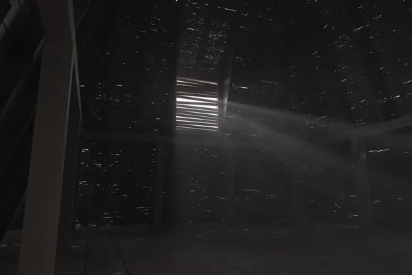 屋根裏部屋の3Dレンダリング屋根裏部屋の穴から光の光線 — ストック写真