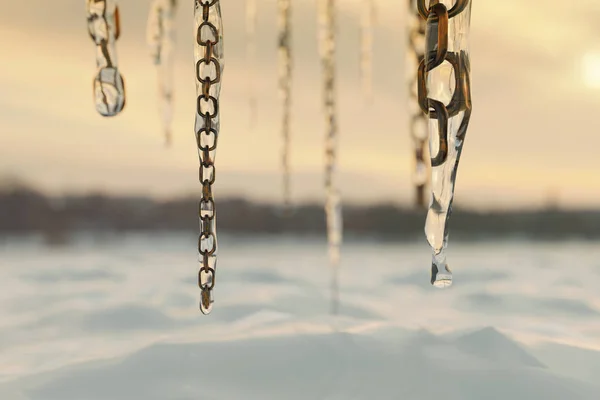 Rendering Frozen Chains Icicles Front Snow Covered Fields — Stock Photo, Image