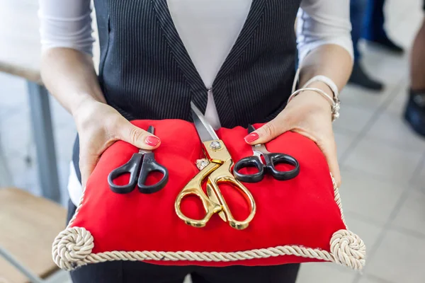 Beautiful scissors on a red pillow in women\'s hands