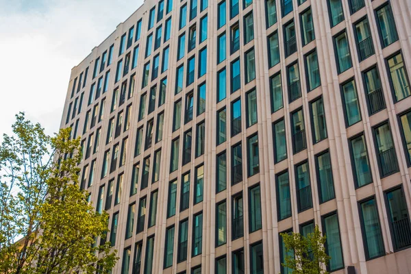 big finance building with tree on the left