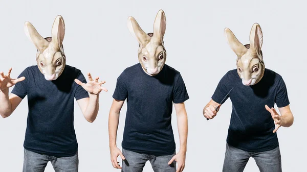 Man Wearing Rabbit Mask Three Poses Standing Gesturing His Hands 스톡 이미지
