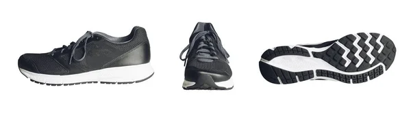 Black Trainer Sneaker Three Views Side Front Pattern Sole Isolated — Stock Photo, Image
