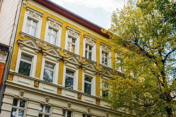 Sonbahar ağacı olan güzel sarı apartman.