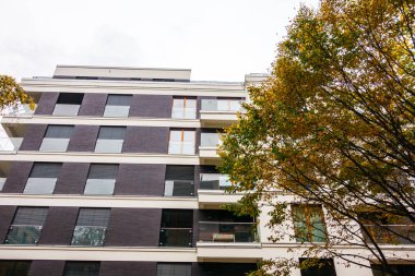 Koyu tuğla bina, yanında yeşil ağaç var.