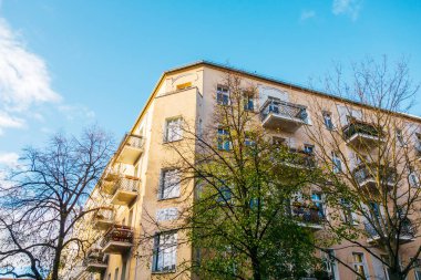 yellow corner building with big autumn trees