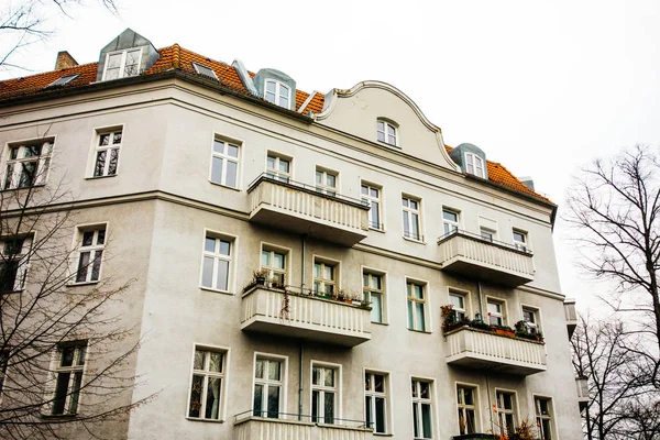 stock image old vintage corner building at autumn on a cloudy day in germany