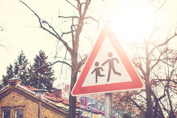 Triangle Pedestrians Traffic Sign Warm Sunlight — Stock Photo, Image