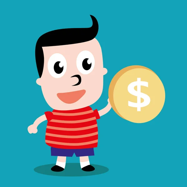 コインを持つ子供は青い背景にお金を節約します。 — ストックベクタ
