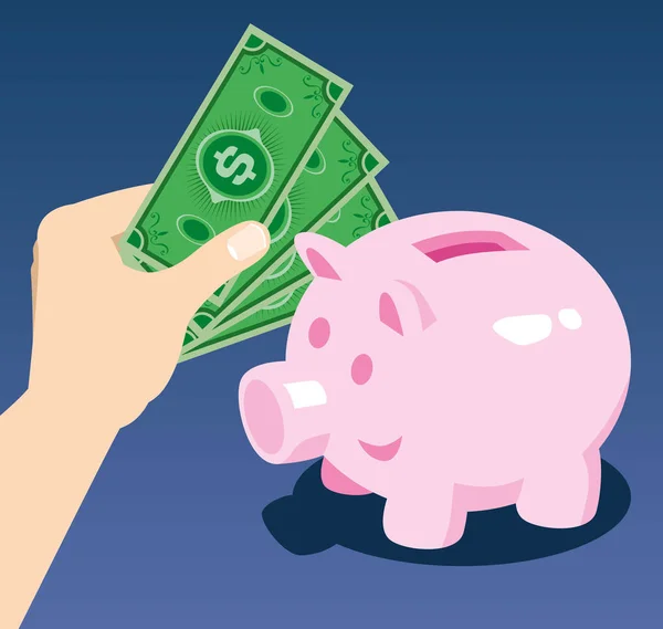 Hand Spara pengar i piggy över Blå bakgrund — Stock vektor