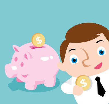 işadamı kumbara ile mavi arka plan üzerinde tasarruf