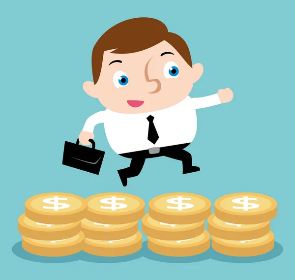 Businesman with elegant briefcase walking in the coins currency — Stock Vector