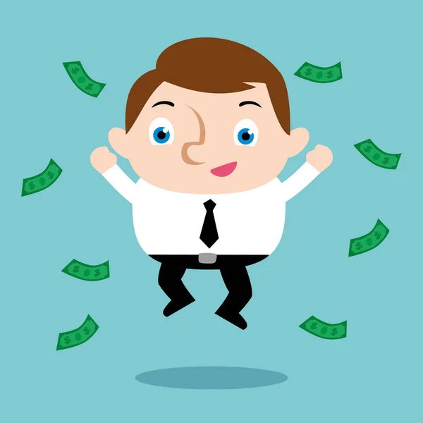 Businessman jumping with a lot of money — Stock Vector