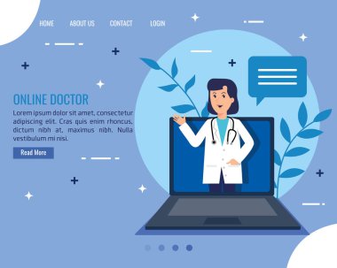 Bilgisayarında Coronnavirus bilgisi olan sanal kadın doktor, sağlık hizmetleri koruması, vektör illüstrasyonu
