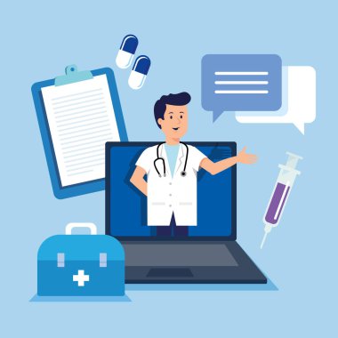 Sanal koronavirüs teşhisi konmuş bir doktor, sağlık hizmetleri koruması, vektör illüstrasyonu.