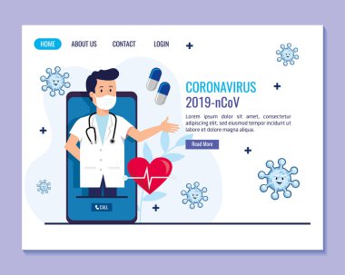 Maskeli adam doktor ve Coronavirus tedavisi sağlık hizmetleri, vektör illüstrasyonu