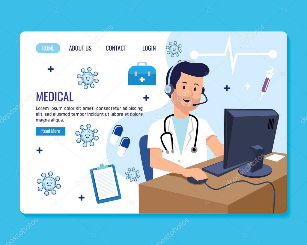 virtual man doctor with coronavirus information to healthcare protection, vector illustration
